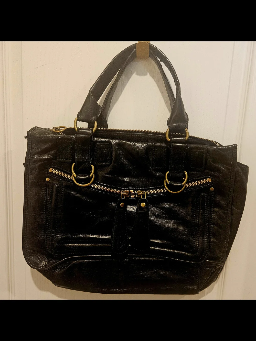 Classic Black Leather Satchel with Gold Hardware